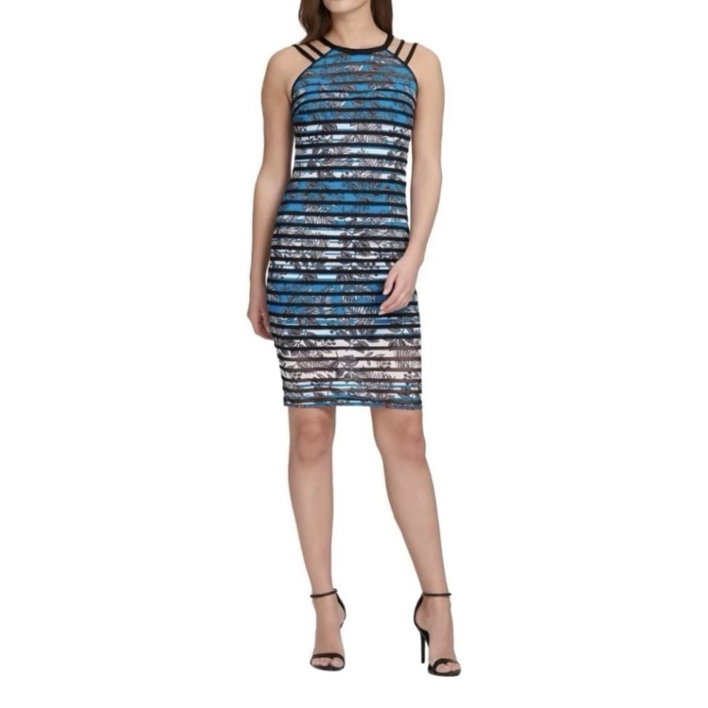 Guess Black, Blu & White Striped, Lace & Mesh Inserts Bodycon Sheath Dress NWT 4